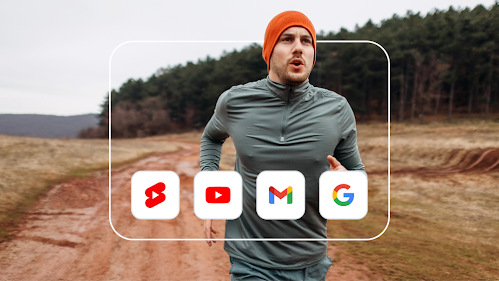 Image of a person running outside surrounded by YouTube, Gmail, and Discover UI