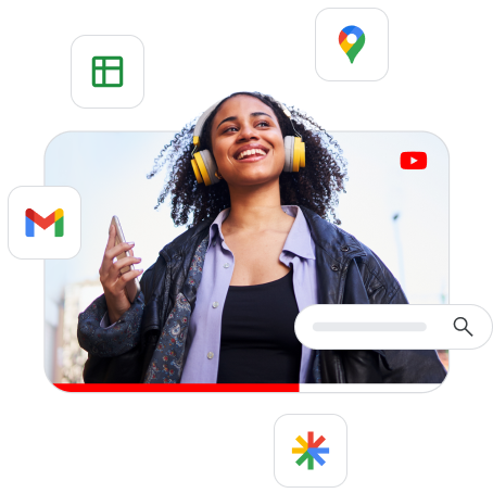 An earphone video ad surrounded by various Google product icons to represent the reach of Performance Max. 