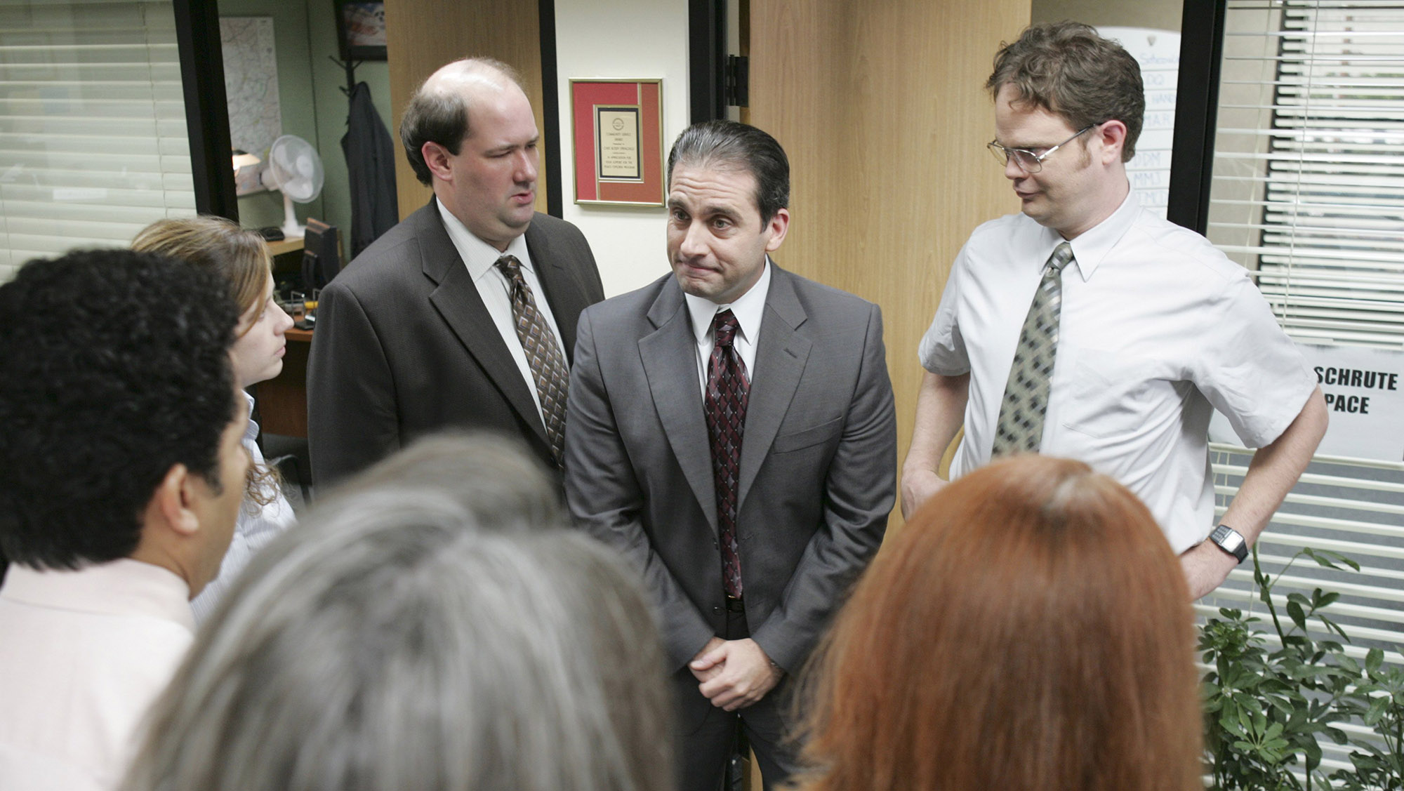 The Office, Health Care Episode 3, Aired 04/05/2005 Pictured: (l-r) Brian Baumgartner as Kevin Malone, Steve Carell as Michael Scott and Rainn Wilson as Dwight Schrute