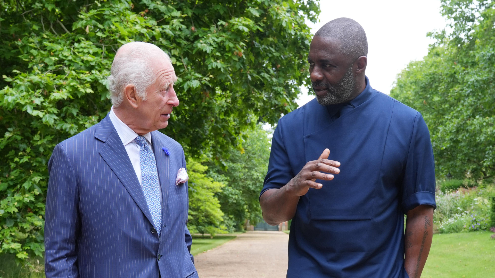 King Charles III (left) with Idris Elba at an event for The King's Trust to discuss youth opportunity, at St James's Palace on July 12, 2024 in London, England.