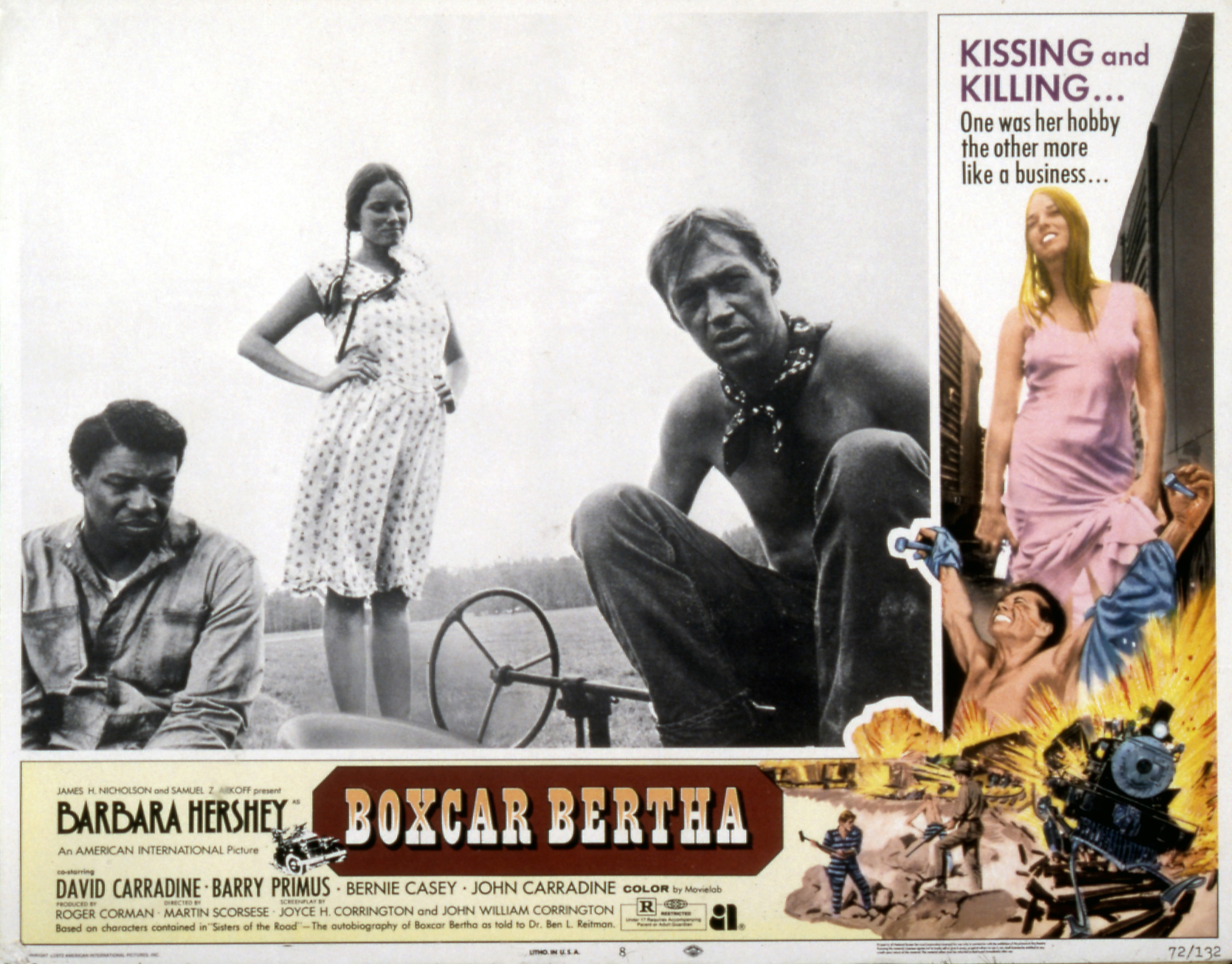'BOXCAR BERTHA', Bernie Casey, Barbara Hershey, David Carradine, lobby card poster art, 1972.