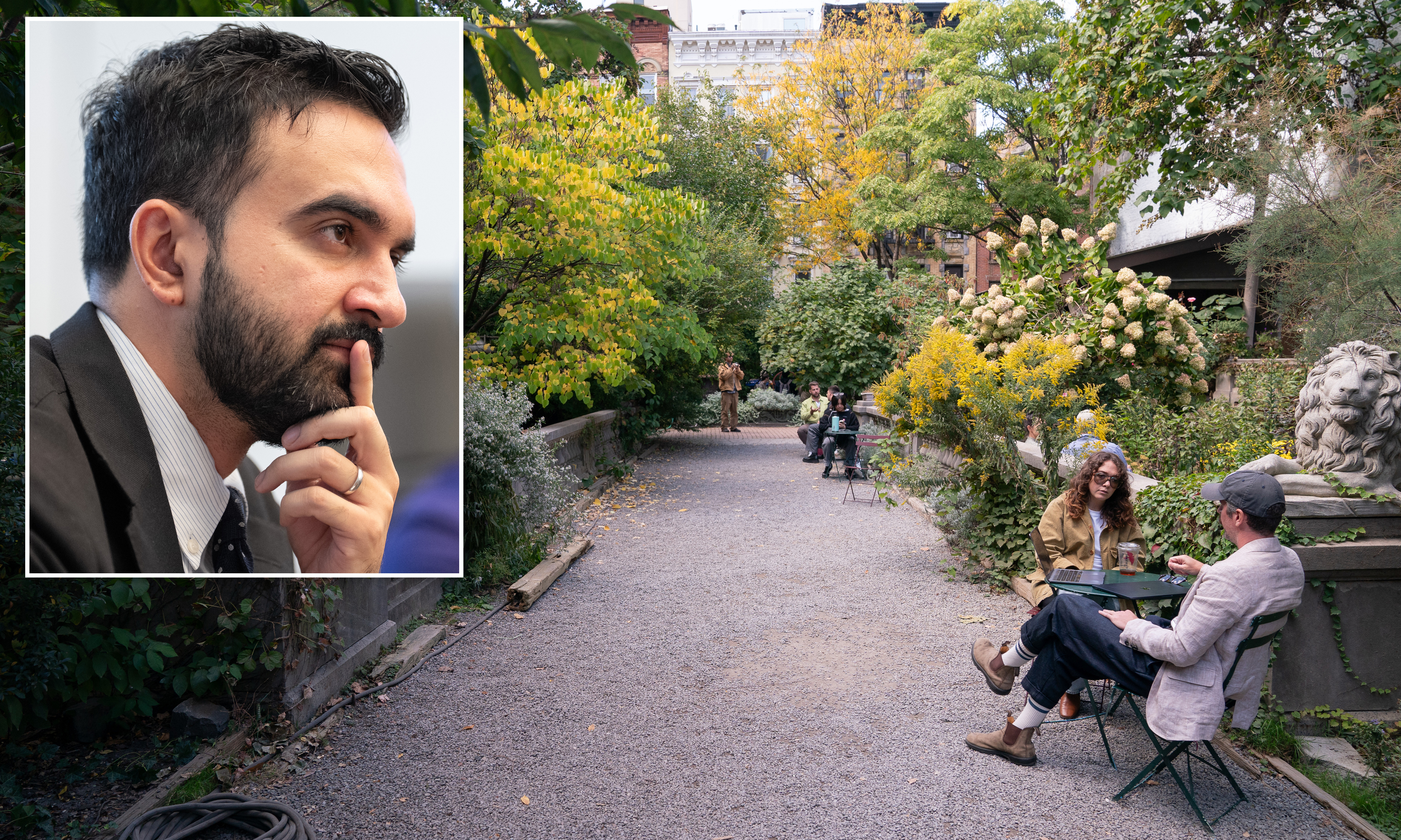 Zohran Mamdani (inset) has incurred the wrath of lower Manhattan gardening enthusiasts by saying he'd reverse Mayor Adams’ decision to save the Elizabeth Street Garden from being converted into affordable housing.