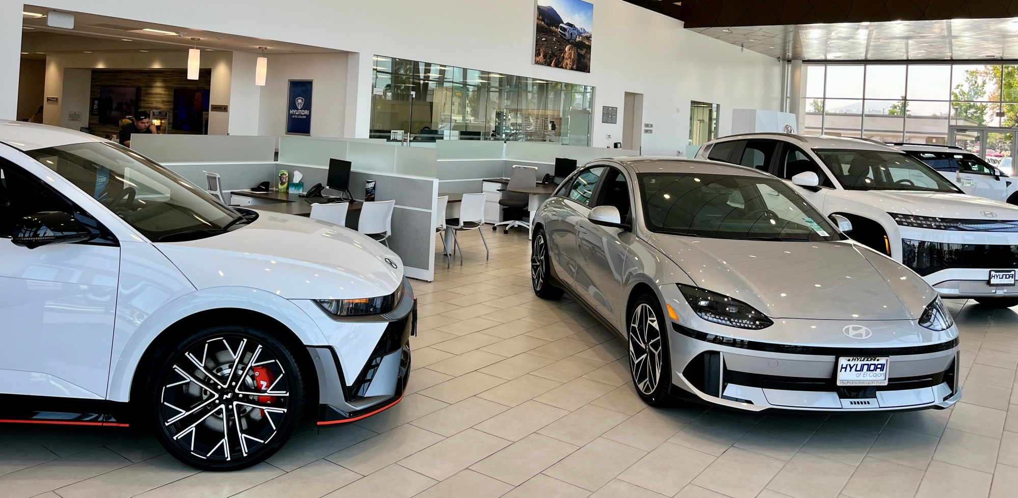 Electric vehicles on display in the showroom of Hyundai of El Cajon in August.  (Rob Nikolewski/The San Diego Union-Tribune)
