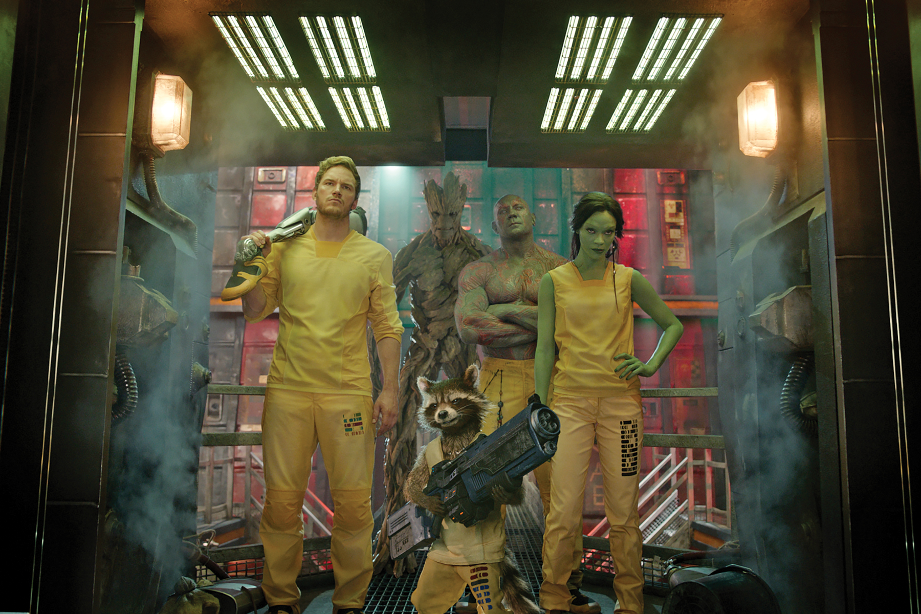 Marvel's Guardians Of The Galaxy..L to R: Star-Lord/Peter Quill (Chris Pratt), Groot (Voiced by Vin Diesel), Rocket Racoon (Voiced by Bradley Cooper), Drax the Destroyer (Dave Bautista) and Gamora (Zoe Saldana).