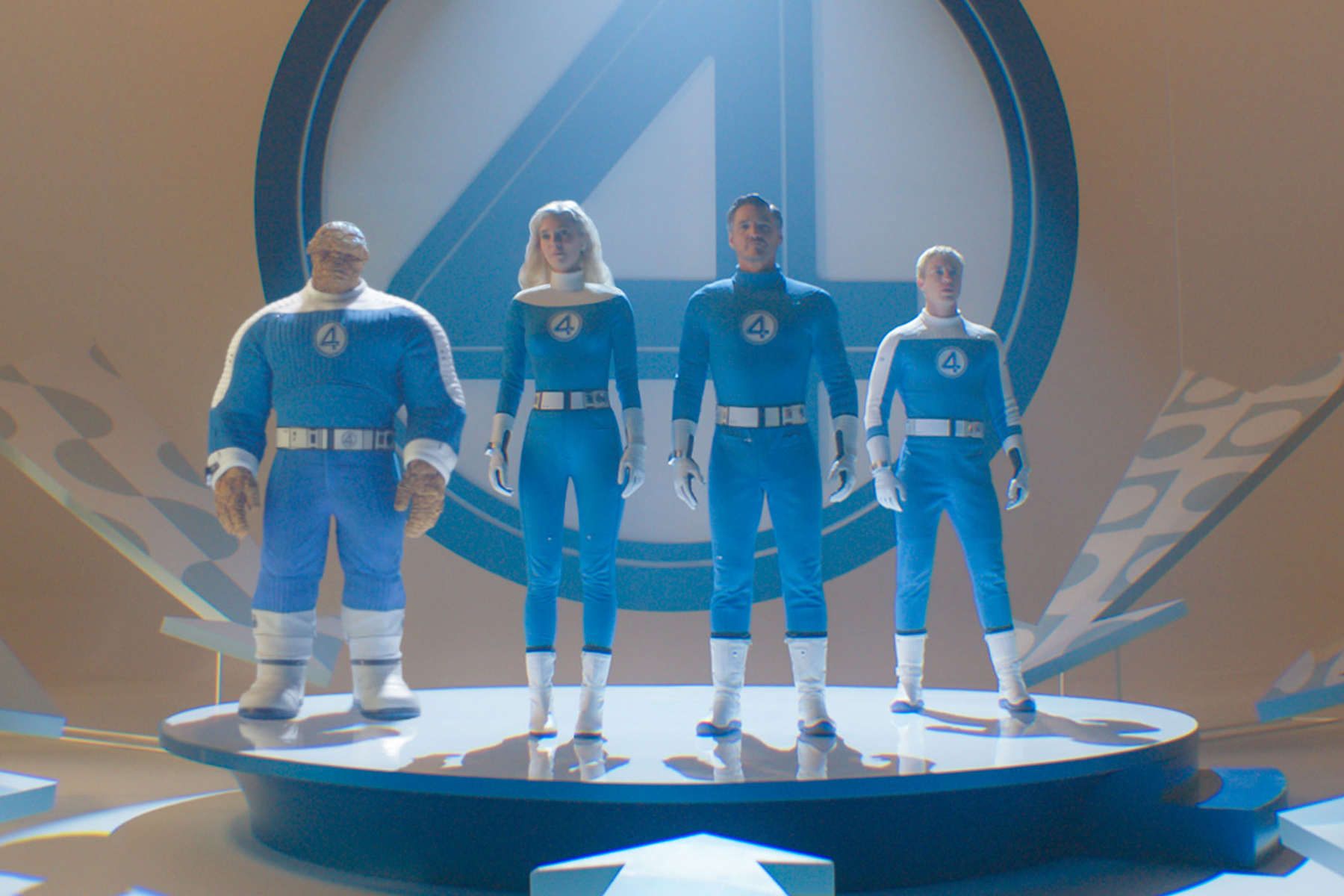 (L-R): Ebon Moss-Bachrach as Ben Grimm/The Thing, Vanessa Kirby as Sue Storm/Invisible Woman, Pedro Pascal as Reed Richards/Mister Fantastic  and Joseph Quinn as Johnny Storm/Human Torch in 20th Century Studios/Marvel Studios' THE FANTASTIC FOUR: FIRST STEPS. Photo courtesy of 20th Century Studios/Marvel Studios. © 2025 20th Century Studios / © and ™ 2025 MARVEL.