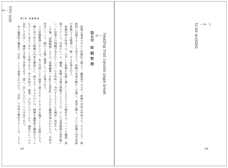 改ページで始まる直前のページに1字だけ配置された例（これは避ける）