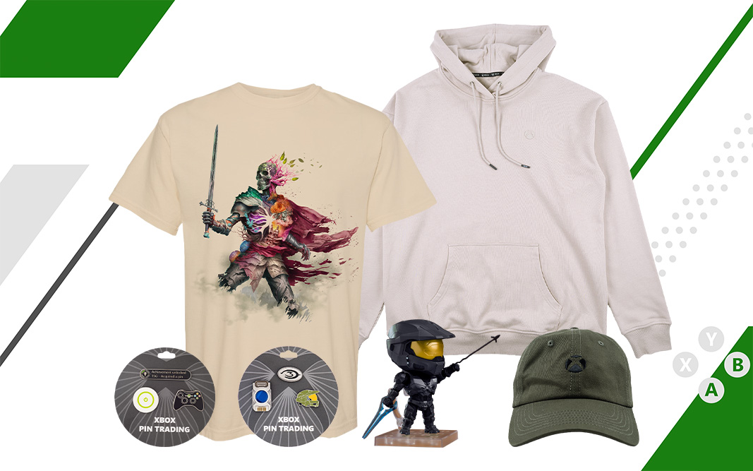 Een verzameling items die beschikbaar is in de Xbox Gear Shop, waaronder een hoodie en een baseballpet.